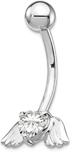 Anillo de ombligo de oro blanco pulido de 10 quilates con circonita cúbica, diamante de imitación, corazón religioso, alas de ángel guardián,