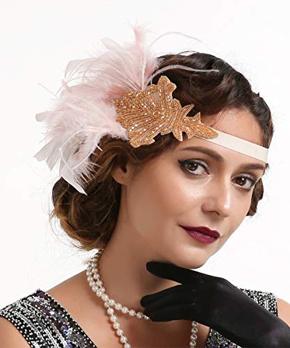 Anglacesmade Bridal 1920s Flapper Feather Headband with Stretchy Band Crystal Beaded Feather Roaring 20s Headpiece Prom Party Festival Great Gatsby Hair Jewelry for Women and Girls (Pink)