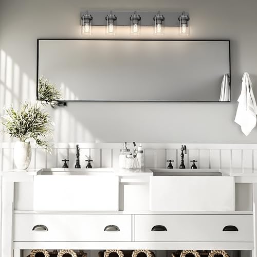 Image of Modern 5-Light Black Bathroom Vanity Light with Clear Glass Shade, 37.4 x 4.7 x 6 inches