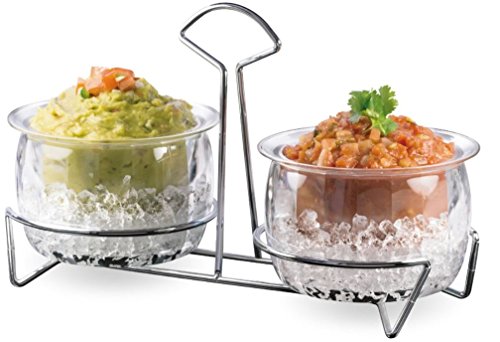 Jumbl Chips and Dips Condiments Server Cups Chilled On Ice Dispenser, Organizer Condiment Caddy Holder Set with Stainless Steel Rack, 2 Bowl Sections Holds Chip and Dip Fruit & Salad & Dessert Centerpiece., Clear
