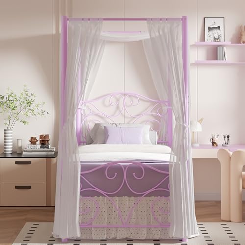 Image of VECELO Metal Canopy Bed Frame Twin Size, 4 Posters Platform Mattress Foundation with Headboard, Heavy Duty Steel Slats Support, No Box Spring Needed, Purple