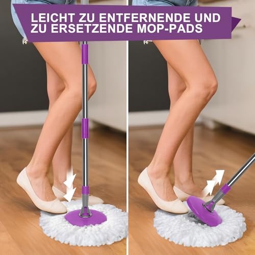 Masthome Juego de fregona con Cubo, Fregona Giratoria con 3 Cabezales de Repuesto de Microfibra, Cubo con Centrifugador, Mopa Turbo, Juego Completo con Mango Ajustable de Acero Inoxidable de 128 cm - imagen 6