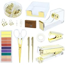 Buqoo Gold Acrylic Sticky Notes Holder Stapler and Tape Dispenser Cutter with Staple Remover, Sticky Notes, Paper Clips, Scissor, Ballpoint Pen for School Home N Office Supplies