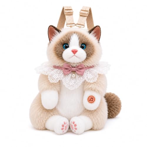 Image of Babique Realistic Cat Plush Backpack with Meow Sound, Cute Fluffy Kitty Soft Toy Shoulder Bag for Girls, Women & Kids, Kawaii Animal Plush Backpack for Travel, School, Daily Use & Birthday Gift, Cream