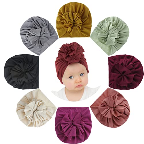 inSowni 8 Pack Solid Cotton Nursery Hospital Turban Hats Caps Beanies Bonnets with Flower for Baby Girls Toddlers Newborns Infants Kids2