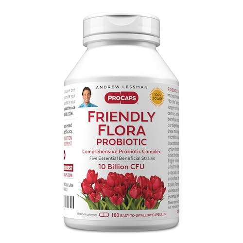 ANDREW LESSMAN Friendly Flora Probiotic 180 Capsules - 10 Billion CFU, Comprehensive Blend of Five Probiotic Strains, Powerful Immune and Digestive Support. Probiotics for Women or Men