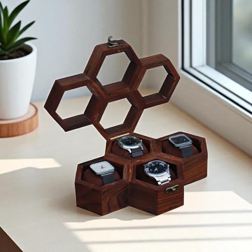 Image of Vintage Wooden Watch Box for Men, Timepiece Display Case, Honeycomb Watch Storage & Organizer, Jewlery Box for Women, Anniversary Gift For Husband (4 Compartments (Other Design))