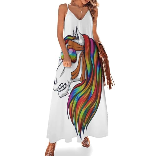 Robe maxi col V décontracté sans manches motif cheval coloré fluide
