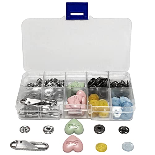 HWX Media 40 juegos de hebilla de plata de bronce, 40 botones de camisa de cuatro ojos, 10 botones de amor de camisa para niños, 5 cabezas de Cover