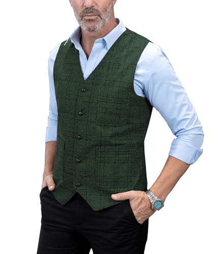 Mens Casual Leisure Suit Vest Plaid Tweed Regular Fit Waistcoat for Wedding Groomsmen(Dark Green,M)