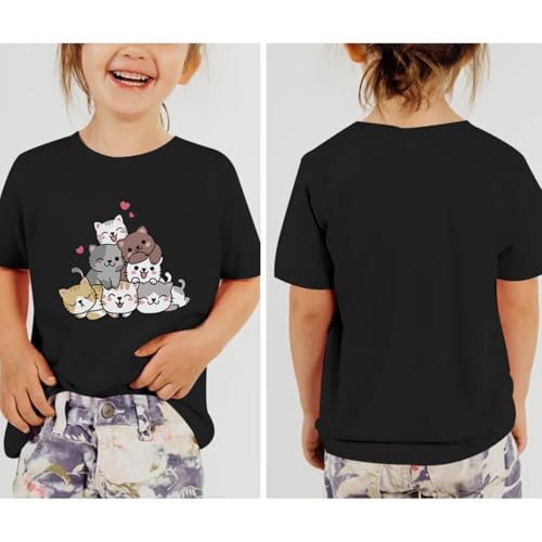 Image of KEEVICI Cute Cartoon Cat Shirts for Girls Kids Graphic Tees Kawaii Animal Pattern T Shirt Cotton Crewneck Summer Loose Tops