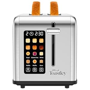 Toastley Smart Toaster 2 Slice with Screen Touch Control. 2 Slice Toaster Wide Slot, Extra Lift, Auto Shutoff, Timer, Toast, Defrost, & Reheat Functions, 880W, Silver