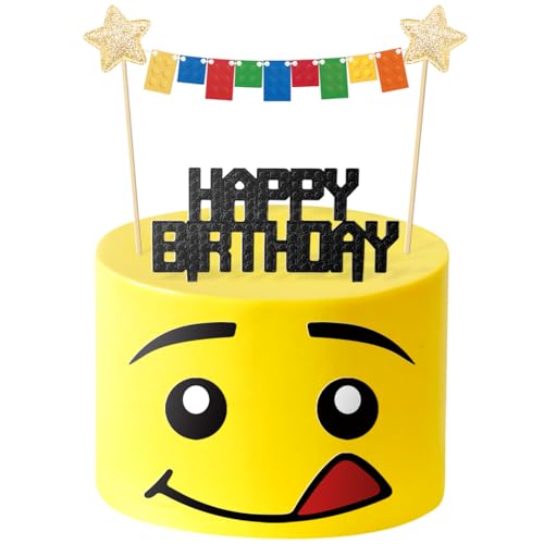 Building Blocks Cake Topper Star Flag Banners Bunting Banner Cake Toppers 3D Print Birthday Cake Topper Character Face Design Party Supplies Decorations for Boys Girls