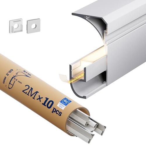 HOOLED Lot de 10 profilés de plinthe LED modernes pour bandes LED/COB de 9 mm, plinthe blanche, profilé en aluminium, dimensions : 2000 x 60,2 x 36,4 mm,...