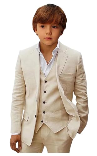 Opiniones de Pantalones de traje para Niño los más recomendados. 48 Mi Bo Tong - Traje de lino para niños, ajuste delgado, para verano, playa, boda, traje de esmoquin para niños, traje de chamarra, chaleco y pantalones, Beige, 12 Años