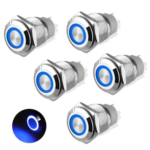 Linkstyle 16mm Latching Push Button Switch, Waterproof Metal SPST ON/Off Round Lighted Switches for 12V/24V Car Marine RV, 5Pcs