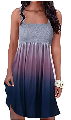 Summer Dress for Women Casual Beach Dress Floral Cover Ups Spaghetti Strap Sundress Smocked Strapless A-Line Mini Dress