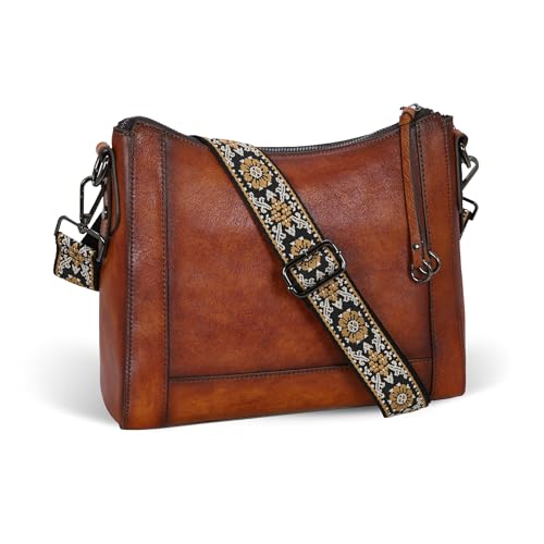 Iswee Leather Shoulder Bags for Women Multi Pockets Crossbody Purse with Wide Guitar Strap - Main Image