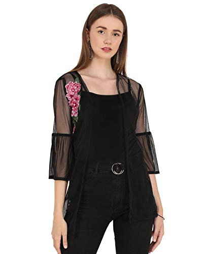 Image of UNFAKENOW Women Floral Embroidered Pearl Embellished Net Shrug