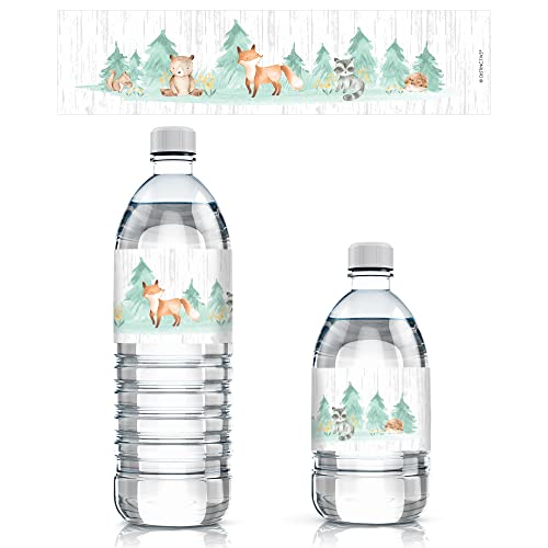 Woodland Baby Shower Water Bottle Labels – 20 Count Waterproof Stickers with Watercolor Woodland Creatures for Rustic or Nature-Themed Baby Showers