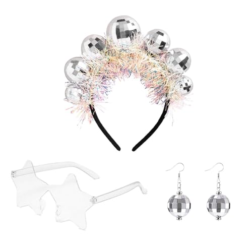 RELKLYU 1 faixa de cabeça, 1 par de brincos de couve, 1 peça de óculos de estrela, decoração de bola de discoteca, brincos personalizados e acessórios para roupa de festa.