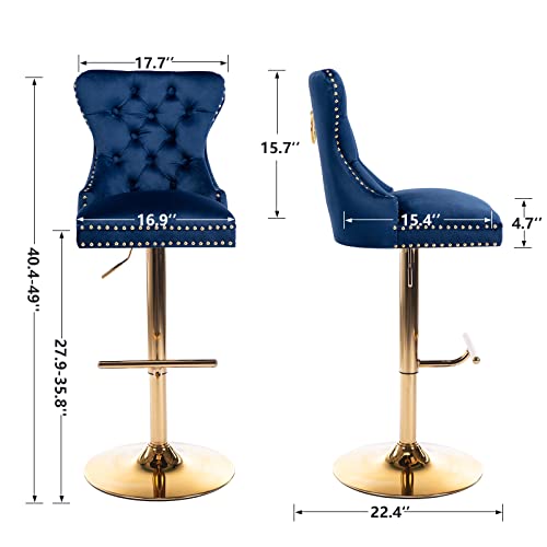 Kmax Tufted Bar Stool Velvet Navy Blue Counter Stool Swivel Kitchen Stool With Ring Pull Height Adjustable Golden Base Footrest For Home Kitchen Bar Club,3Pcs #TOP2