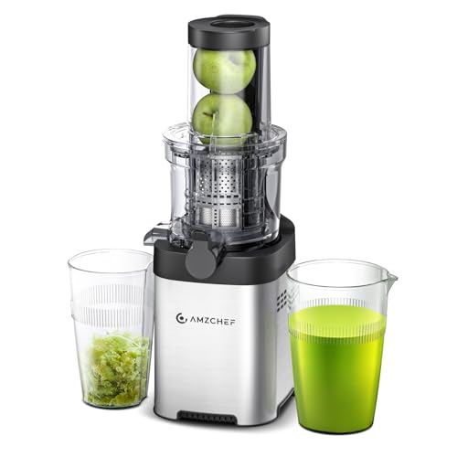 AMZCHEF Extractor de Zumos y Verduras - Licuadora Prensado en Frio con Conducto de 79MM para Frutas y Verduras Enteras - Juicer de Acero Inoxidable - Plata [Clase de eficiencia energética A+++]
