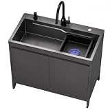 Garten Spülbecken Freistehend mit Schrank, All-in-One Outdoor Küche Spüle mit Tiefem Einzelbecken, Rostfreier Alu-Unterschrank für Terrasse, Werkstatt, Hof und Landwirtschaft