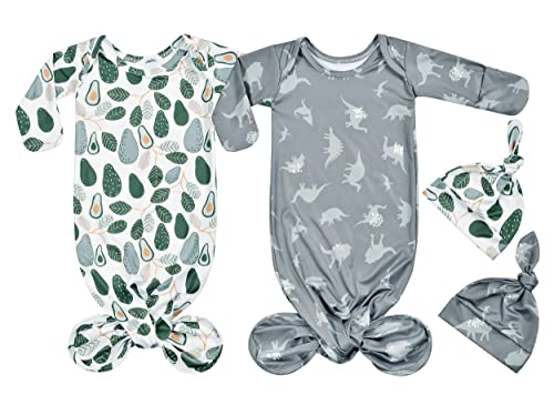 Image of Terriboo Newborn Baby Boy Long Sleeve Sleeper Gown with Mittens Knotted Gown Coming Home Outfit Nightgown Hat Set 2 Pieces (Green, 0-3 month)