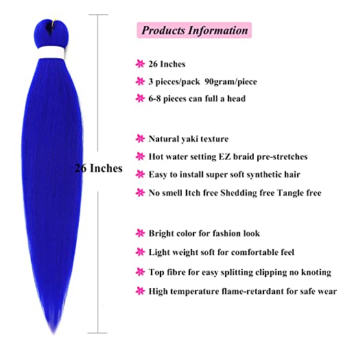 Upruyo Blue Braiding Hair Pre Stretched Knotless Kanekalon Braiding Hair Professional Prestretched Braiding Hair 26 Inch Synthetic Colored Braiding Hair Extensions (Blue-3 Packs) #TOP1
