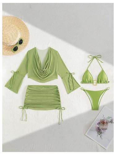 Milumia Women's 4 Piece Swimsuit Set Ring Decor Sexy Halter Bikini Set with Cover Ups3