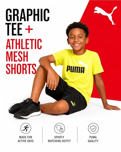 Image of PUMA Boys Short Set - 2 Piece Short Sleeve Crewneck Performance Graphic Tees and Athletic Mesh Shorts for Boys (Sizes: 4-16)