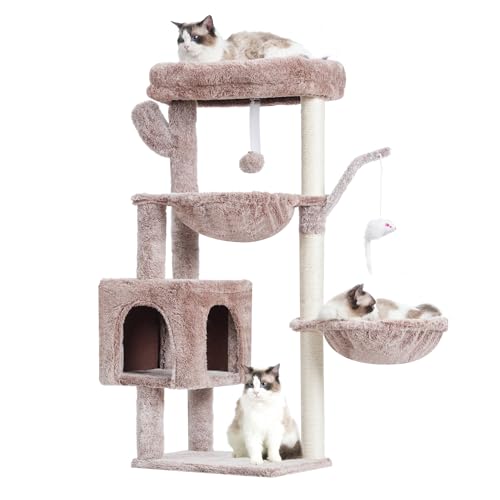 Heybly Albero Tiragraffi per Gatti, 100 cm Alto Con Grande Piattaforma In Cima, Grotta, 2 Amache, Giochi Per Gatti, Mobili Del Gatto, Tiragraffi Ad Alberi, Beige Marrone HCT006SMU