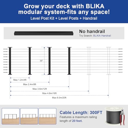 Image of BLIKA 8FT-24FT Complete Set 36 inch Cable Railing Post Kit | Black Level Drilled Deck Railing Posts, Swageless Cable Railing System Include 4Pack Level Posts,1 /8 inch 300FT Stainless Cable