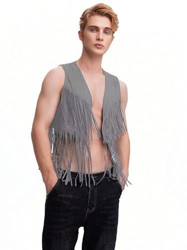 Men's Fringe Open Front Sleeveless Jacket Vest Party Club Outerwear