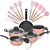 Conjunto de Panelas Antiaderente de 17 Peças com Colheres de Silicone Super Elegan Rosa + Talher Cabo Madeira Espatulas Pegador