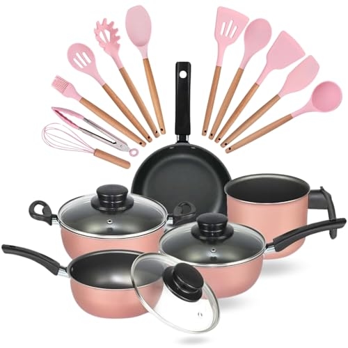 Conjunto de Panelas Antiaderente de 17 Peças com Colheres de Silicone Super Elegan Rosa + ...