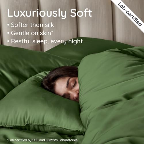 Image of Bambaw 100% Viscose Derived from Bamboo Duvet Cover Queen Size - 3 Pieces Cooling Duvet Cover Queen Set, Breathable & Soft Bedding Set, No Comforter (Olive)