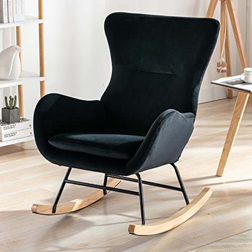 Image of Qtivii Modern Rocking Chair, Comfy Uplostered Accent Chair with High Backrest and Armrests, Rocker Glider Chair for Nursery(Black)