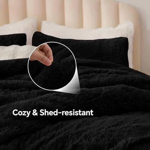 Image of BEDELITE Black Fluffy Comforter Set Queen, Fuzzy Faux Fur Comforter | Warm Fleece Shaggy Bedding for Winter, Soft & Cozy Plush Bed Set with 2 Pillowcases
