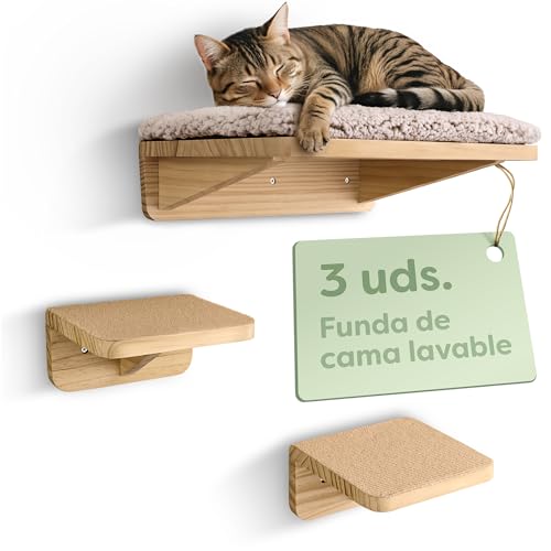 Knupis Estantes de Pared para Gatos con Cama & 2X Escaleras – Madera de Pino Maciza FSC®, Hamaca de Pared Resistente hasta 30 kg – para Juego & Comodidad - Beige