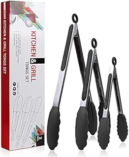 Rendcqin Pince de Cuisine, Lot de 3 Pinces pour Barbecue en Acier INOX et Silicone,Pince de Buffet avec Poignée en Silicone Anti-Dérapante pour la Cuisson, Barbecue, Buffet, Four