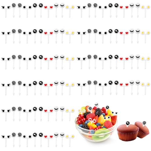 100 Stück Obstgabeln Kinder, Mini Eyes Fruit Fork, Wiederverwendbar Obst Zahnstocher, Mini Süß Cartoon Augen Obst Gabel, für Kuchen Desserts