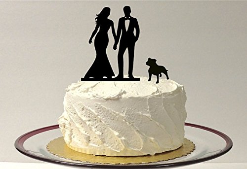 WITH DOG Wedding Cake Topper, Silhouette wedding cake topper, bride and groom wedding cake topper, wedding reception cake topper, bully breed bull dog English bulldog