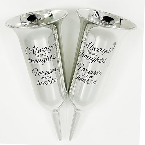 Set of 2 Silver Mirrored Mirror Forever in Our Hearts Fluted Spiked Memorial Grave Flower Vases