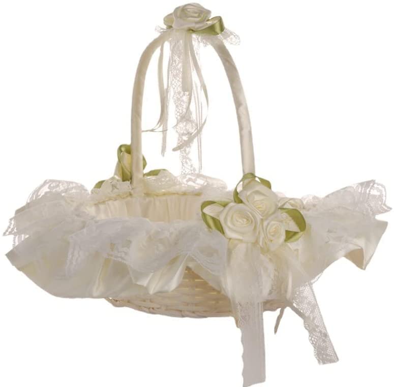 WERTSWFFlower Girl Basket with Foldable Handle,Ivory Satin Bride Baskets for Wedding Petal Confetti,Decorated with Lace & Crystal Pendant