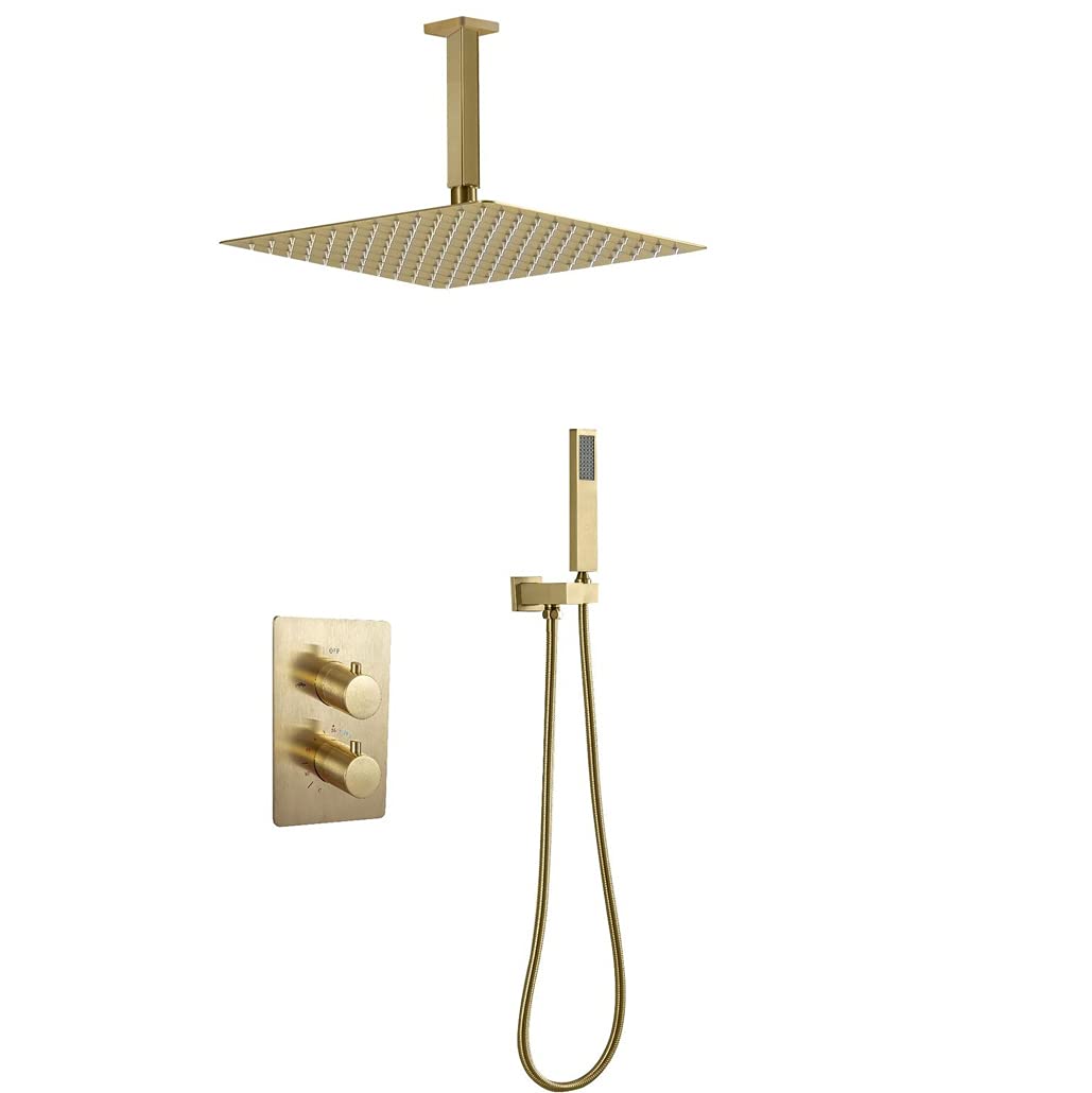 OZBMA Shower Set Systems, Ceiling Mounted Thermostatic Brushed Gold Bathroom Rain Mixer Taps with 10-12" Square Rainfall Head and Handheld Shower, Set,10 Inch