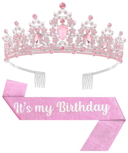 Birthday Tiara and Crown with Sash, Birthday Tiara for Women Party (Pink)