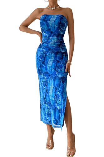 PRETTYGARDEN Women's Summer Wedding Guest Dress Strapless Tube Top Maxi Bodycon Long Floral Mesh Beach Vacation Party Dresses (Print Brilliant Blue,Large)