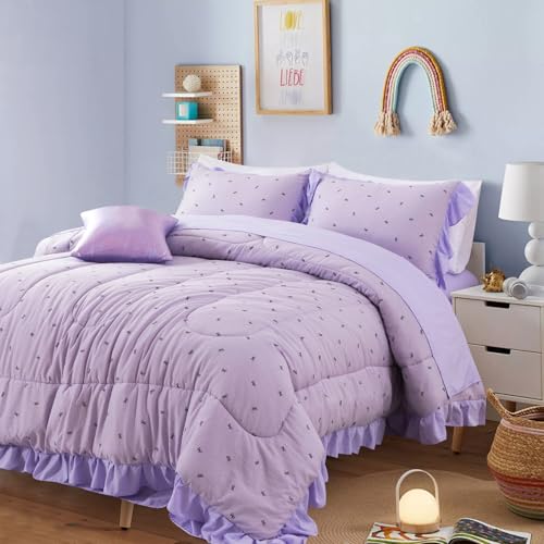Image of A Nice Night Delicate Bows Print On Purple Background Bedding Set,Ruffle 6 Piece Bed in a Bag Matching Sheet Set,Princess Style Chic Bowknot Printed,Twin